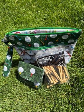 Golf Print Wristlet Pouch with Matching Card Case and tees ⛳️ NWOT, never used.